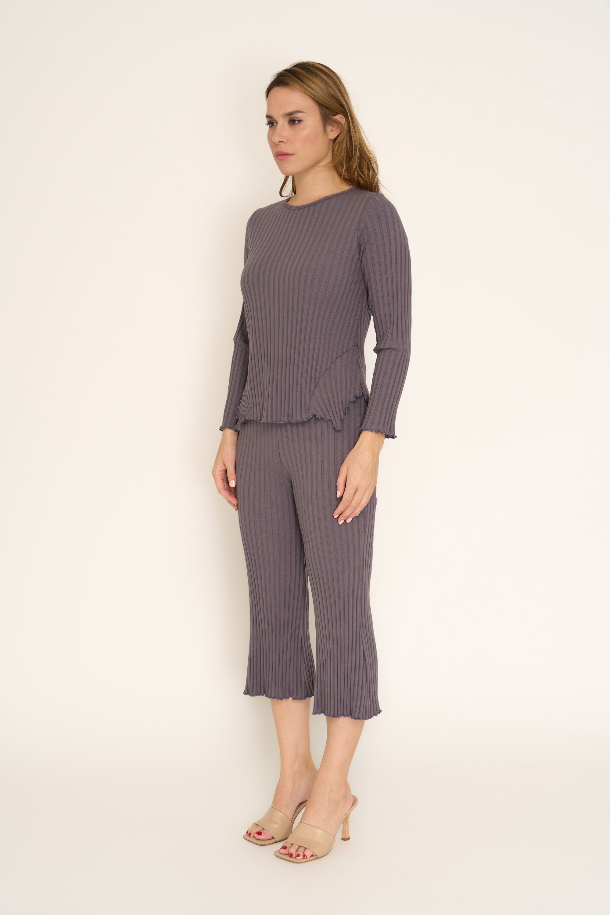 Long Sleeve Ribbed Top with Asymmetrical Detail